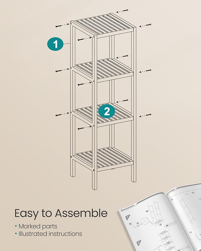 SONGMICS Bamboo Storage Shelf, 4-Tier Shelving Unit, Multifunctional, in the Entryway, Bathroom, Living Room, Balcony, Kitchen, 13 x 13 x 38.6 Inches, Light Bamboo UBCB54Y