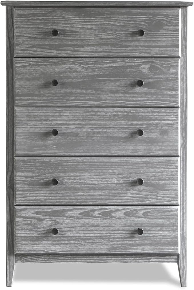Grain Wood Furniture Greenport 5-Drawer Chest, Solid Wood with Brushed Grey Finish