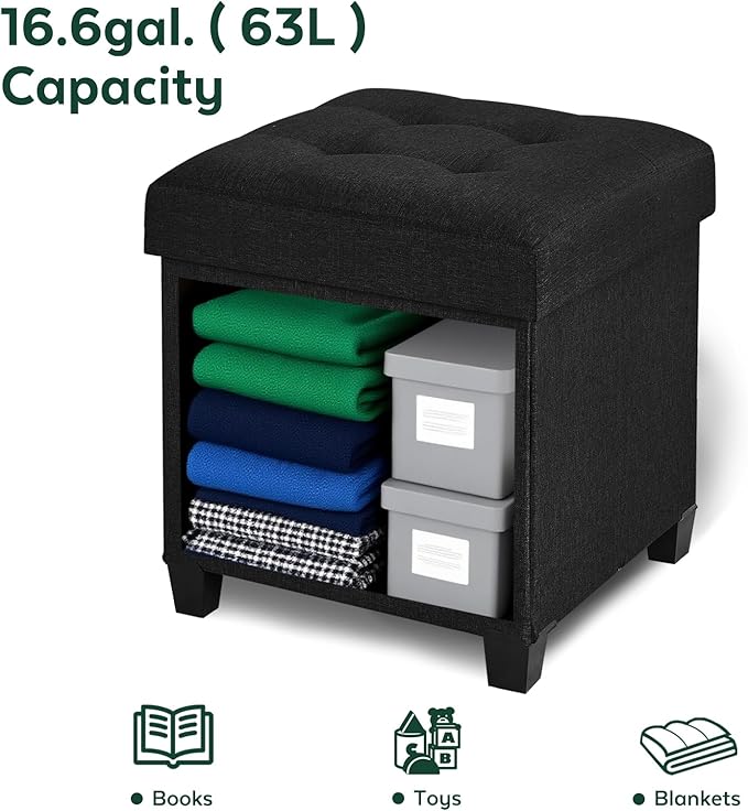 17.7" Ottoman with Storage, Square Storage Ottoman for Dorm, Linen Ottomans with Legs for Living Room, Bedroom, Black