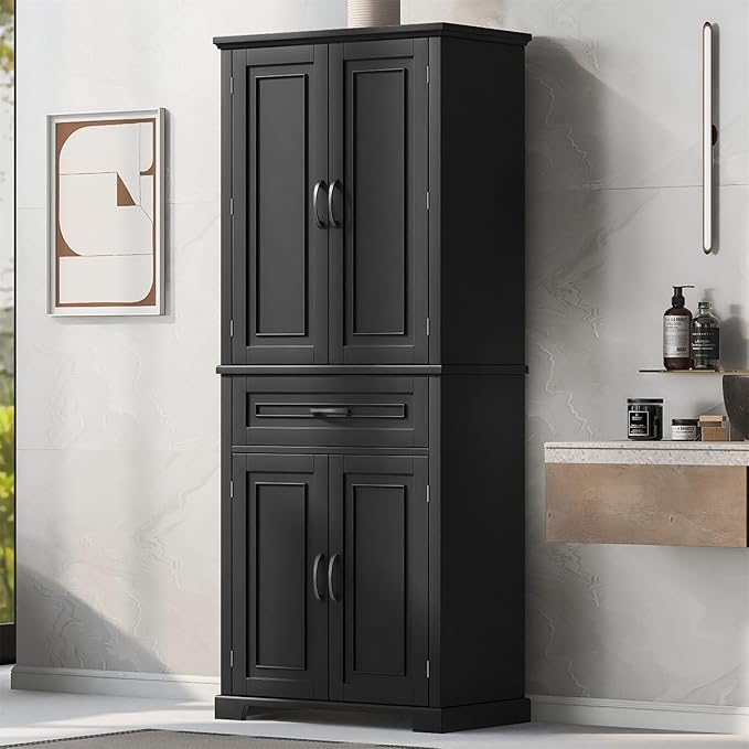 Polibi Bathroom Storage Cabinet with 4 Doors, 3-Tier Door Racks, Storage Drawer, 72" Free-Standing Tall Linen Cabinet for Bathroom, Living Room, Apartment, Black