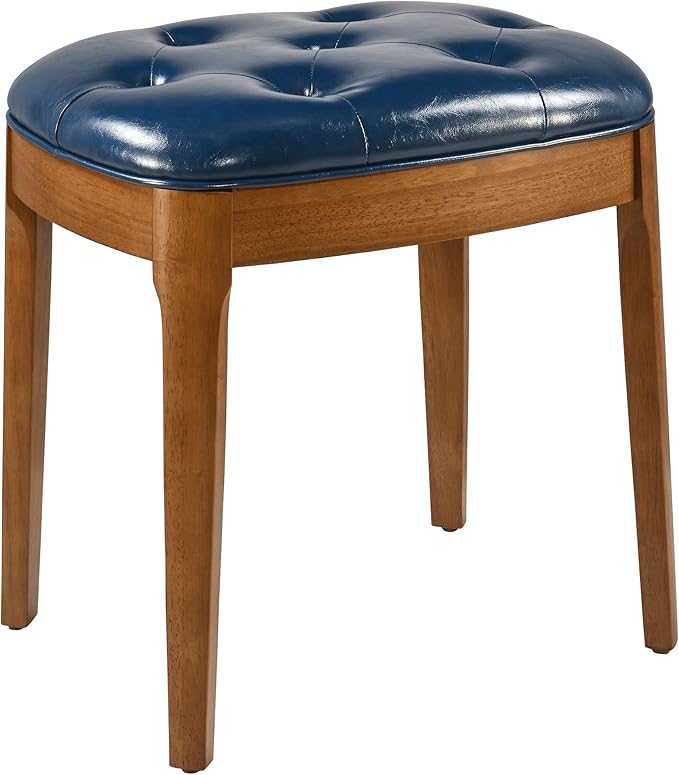 MODERION Vanity Bench Stool with Upholstered, Modern Luxury Wood Stool ,Ottoman Shoe Bench for Living Room, Vanity, Entryway, 19.3"L x 14.9"W x 19.3"H Easy Assembly, Beeswax Leg & Blue Seat FD-HNY-BL