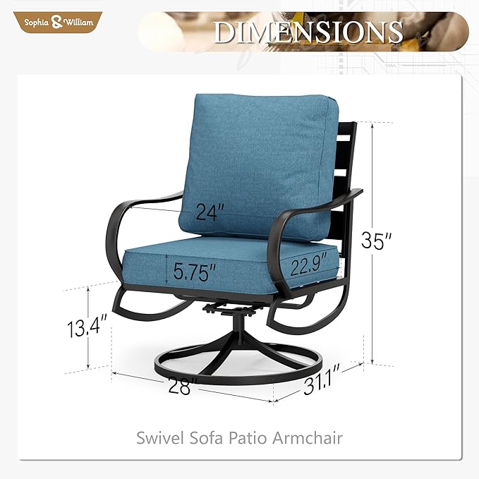 Sophia & William 2 Pieces Patio Furniture Sets Metal Sofa Chairs Patio Cushion Armchairs Swivel Sofa Chairs with Removable Cover for Garden Backyard Poolside Navy
