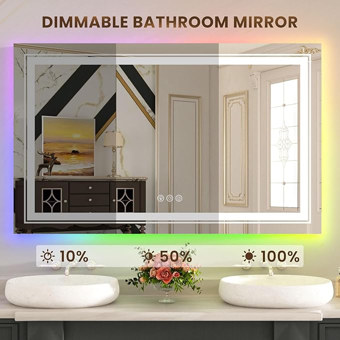 WTTY LED Bathroom Mirror 40"x36" with RGB Backlit and Front Light,Stepless Dimmable LED Mirror for Bathroom,Lighted Bathroom Vanity Mirror,Anti-Fog,Memory Function,Shatter-Proof,Wall Mounted