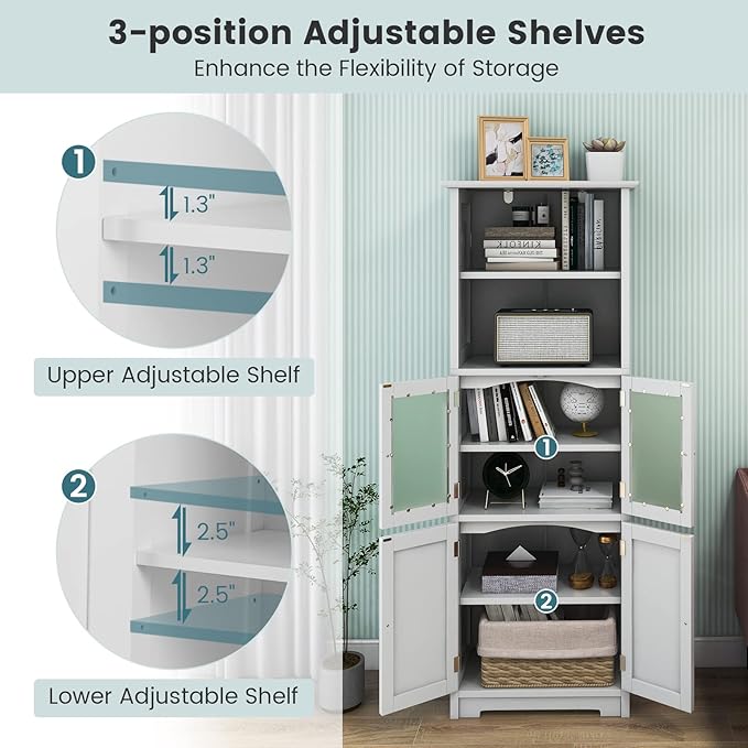 LOKO Tall Bathroom Cabinet, Modern Storage Organizer with Doors & Open Shelves, Wooden Floor Cabinet with Adjustable Shelves for Bathroom, Living Room or Kitchen (White)