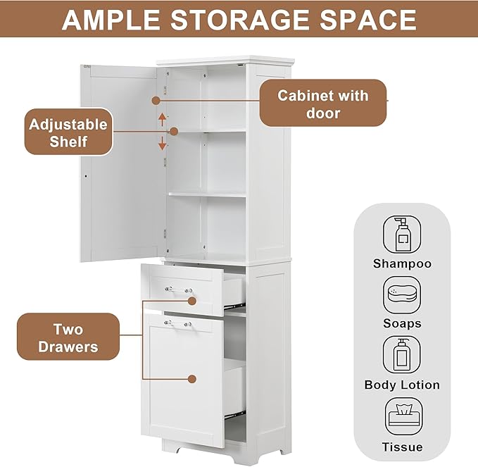 Tall Bathroom Storage Cabinet, Freestanding Storage Cabinet with 1 Door, 2 Different Size Drawers for Bathroom Living Room (White)