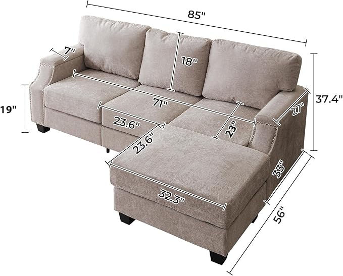 85'' L Shaped Couch with Armrest Organizer,Comfy 3 Seats Sofa with Storage Ottoman,Chenille Sectional Couches for Living Room,Bedroom,Apartment,Sofa Set with Oversized Chair,Khaki
