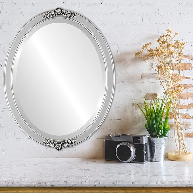 OVALCREST Oval Beveled Wall Mirror for Home Decor - Athena Style - Silver Spray - 26" x 22" Outside Dimensions