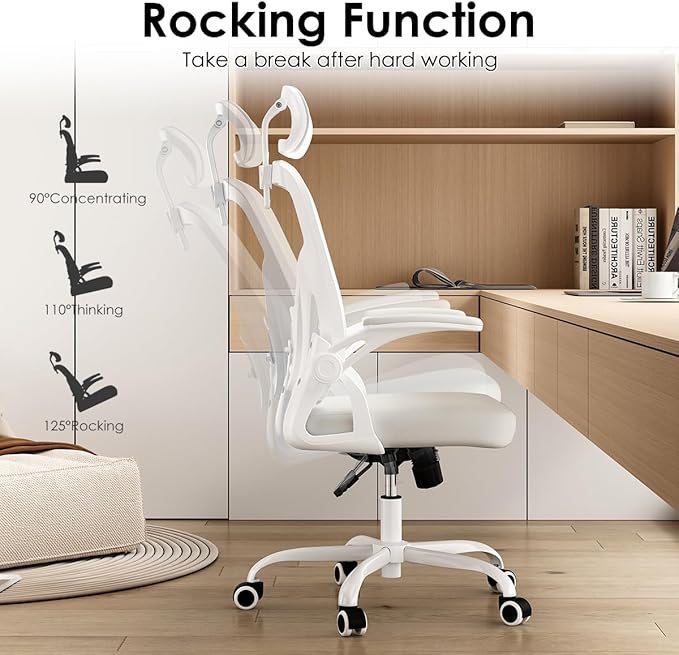 Farini Ergonomic Office Chair, Home Office Desk Chair with Headrest, High Back Computer Chair with Armrests and Adjustable Lumbar Support for Home Office Study Room, White & White
