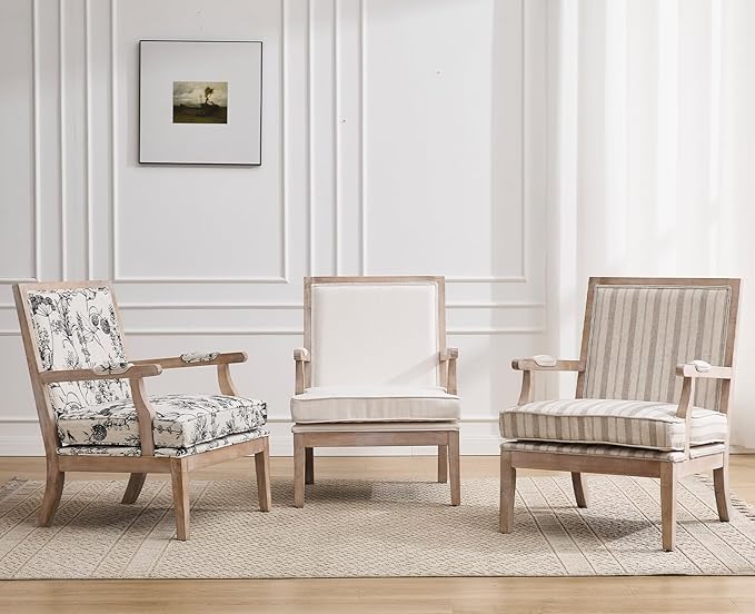 chairus Farmhouse Linen Accent Chair for Living Room, Upholstered Reading Chair with Solid Wood Frame Lounge Arm Chair with High Back for Bedroom, Reception Room, Waiting Room, Beige