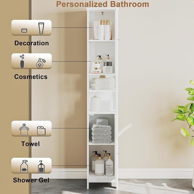 ChooChoo Tall Bathroom Storage Cabinet with Light, 5-Tier Narrow Bathroom Cabinet with 2 Doors, Slim Storage Linen Cabinet Freestanding with Adjustable Shelves for Space Saving, White