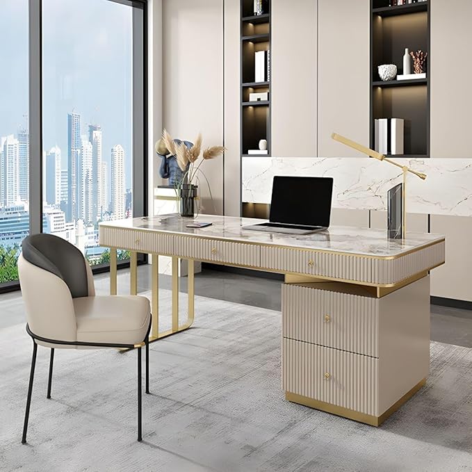 RUNNUP Stone top Computer Desk with 5 Drawers, Rectangular Home Computer Desk Writing Desk, Modern Executive Desk, Without Chairs, Khaki, 55" L x 23.5" W x 29.5" H