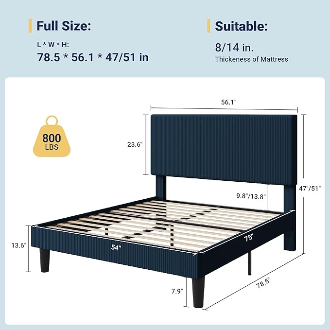Allewie Full Size Upholstered Bed Frame with Vertical Channel Tufted Headboard, Soft Corduroy Fabric Platform Bed, Strong Wooden Slats Support, Easy Assembly, No Box Spring Needed, Dark Blue