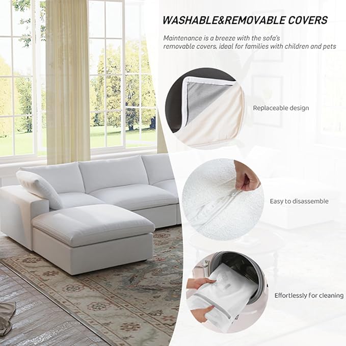 Cloud Modular Sectional Sofa for Livingroom,Large Down Filled Comfort Corner Sectional Sofa Couch with Ottoman,Wide Deep Seat Convertible Couches for Office Apartment,V Shaped,White