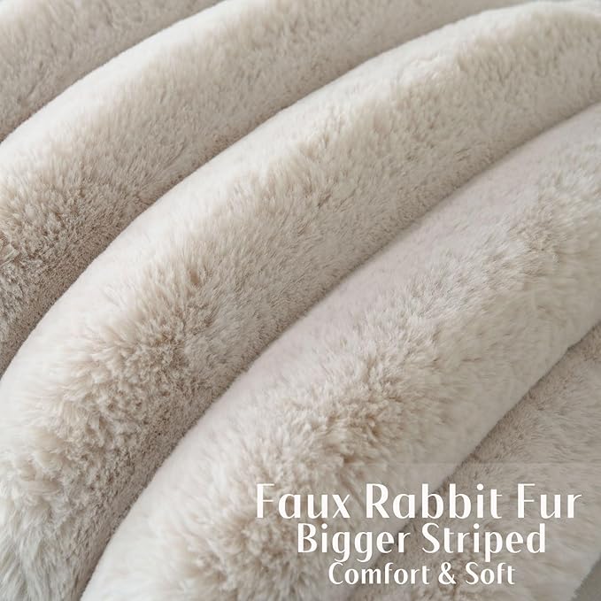 FUTEI Beige Decorative Throw Pillow Covers 16x16 Inch Set of 2, Square Soft Faux Rabbit Fur Thick Striped Cushion Cover,Winter Home Decor for Couch Bed Living Room