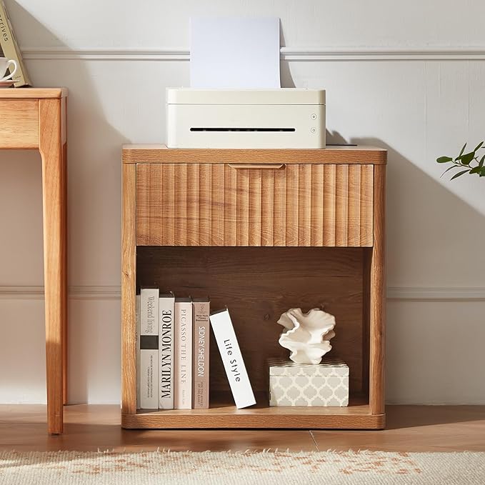 LEYAOYAO Fluted Nightstand with Charging Station, 23" Wide 1 Drawers End Table,Brown Night Stand with Open Storage Cabinet, Farmhouse Bed Side Tables, Wood Dresser for Bedroom, Living Room, Closet