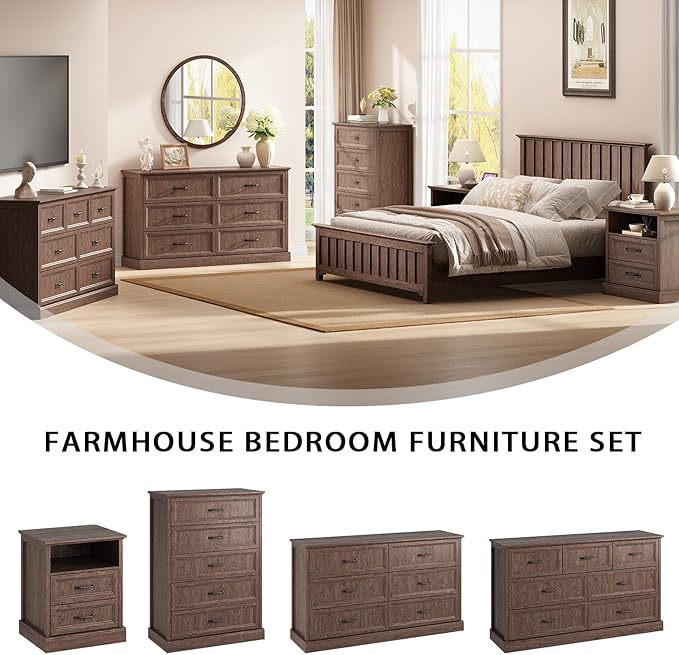 Farmhouse 7 Drawer Dresser for Bedroom, 55 Inch Wide Modern Brown Dresser TV Stand with Large Drawers & Bar Handles, Rustic Wood Chest of Drawers for Bedroom