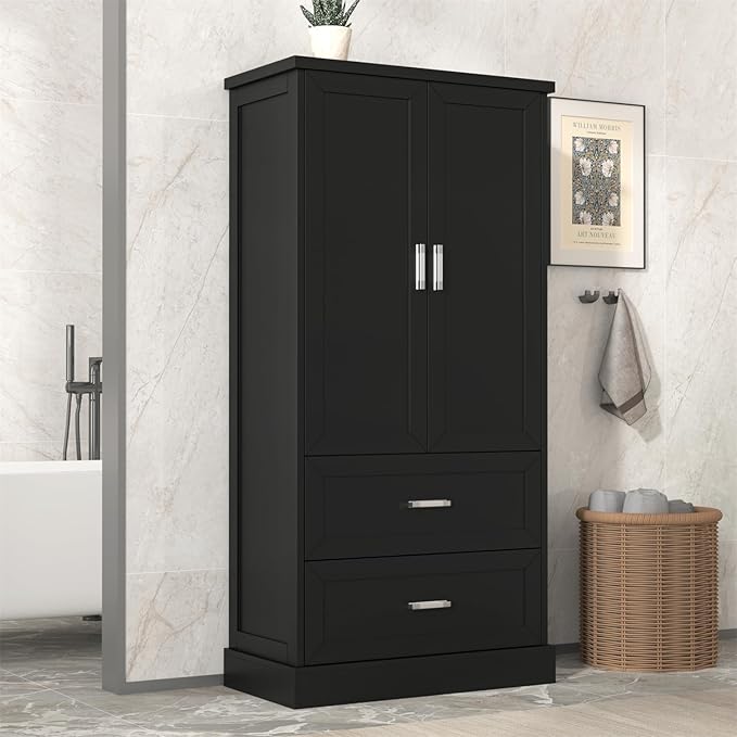 Polibi Tall Storage Cabinet with 2 Doors, 2 Drawers, 4-Tier Storage Racks of Each Door, Adjustable Shelf, Floor Free-Standing Cabinet for Bathroom, Living Room, MDF Board, Black