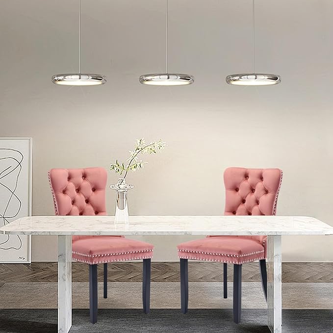 Velvet Upholstered Dining Chairs Set of 2, Modern Style Kitchen Side Chairs with Nailhead Trim and Wood Legs,Metal Pulling Ring for Dining Room Living Room(Pink,Set of 2)