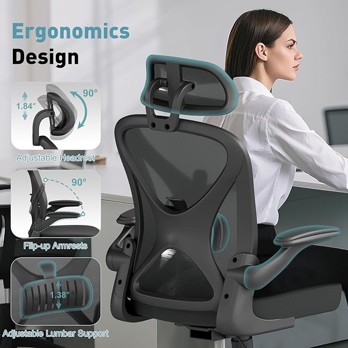 Ergonomic Office Chair Mesh Home Office Desk Chair with Adjustable Backrest and Headrest, Flip-up Armrests, Black