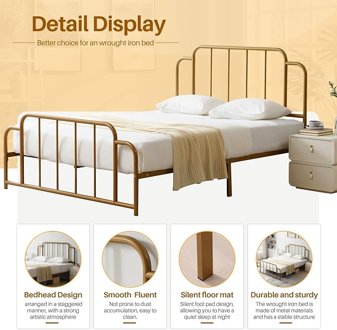 PINJU Metal Platform Bed Frame with Headboard and Footboard, Classic Style, Sturdy Metal Slats, No Box Spring Needed, Easy Installation (Gold, Queen)