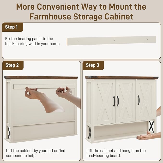 Bathroom Wall Cabinet, Farmhouse Medicine Cabinet with Adjustable Wood Shelf & 3 Doors, Over The Toilet Storage Cabinet for Wall Mounted for Bathroom Laundry Room Kitchen, White and Brown