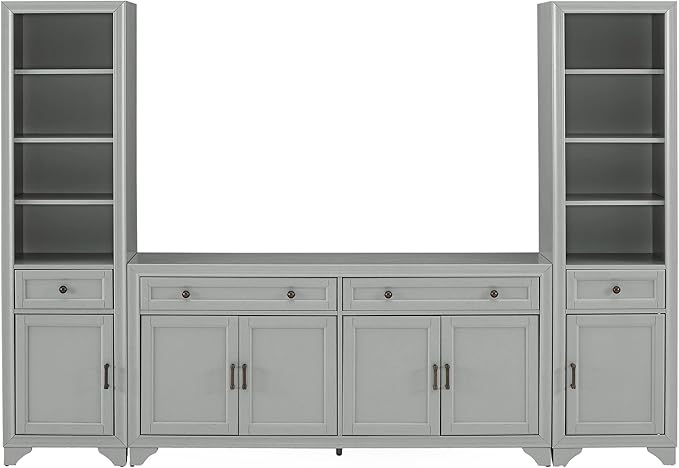 Crosley Furniture Tara 3-Piece Modern Farmhouse Sideboard Buffet Cabinet and Bookcase Set with Storage, Distressed Gray
