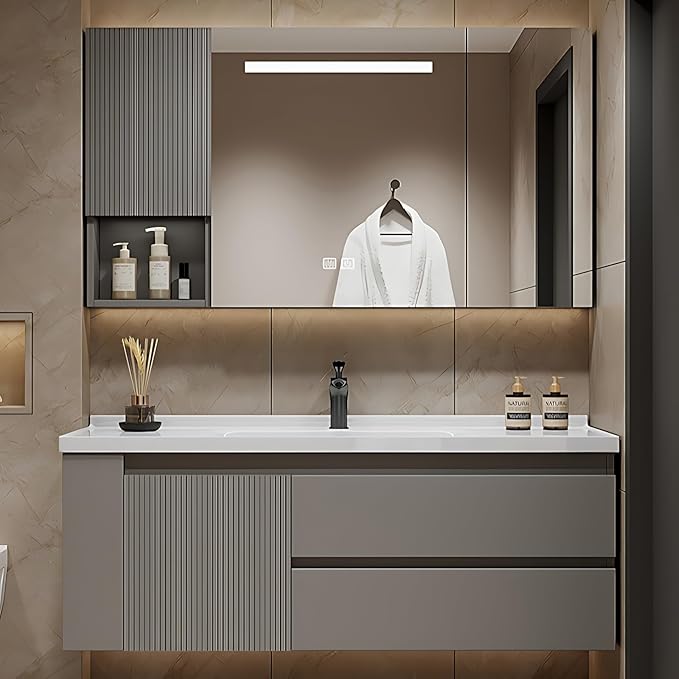 68IN Suspended Bathroom Cabinet Combo Set - Fully Functional LED Mirror with Smart Defogging & Time Display | Bathroom Vanity with Sink,Side Cabinet Storage Compartment (Style A)