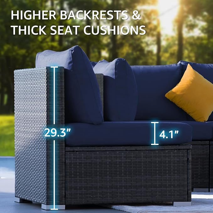 NICESOUL 9 Piece Oversized Outdoor Patio Furniture Set, 29.3'' High Back Comfy Sectional Sofa Set with Firepit Natural Gas & Propane, Deep Seating Conversation Couches, 2 Color Cushion Navy & Gray