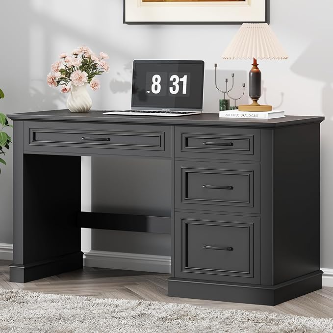 Farmhouse 47" Executive Desk, Computer Desk with Drawers and File Drawer, Workstation Computer Desk with Charging Station for Home Office, Study,Pure Black.