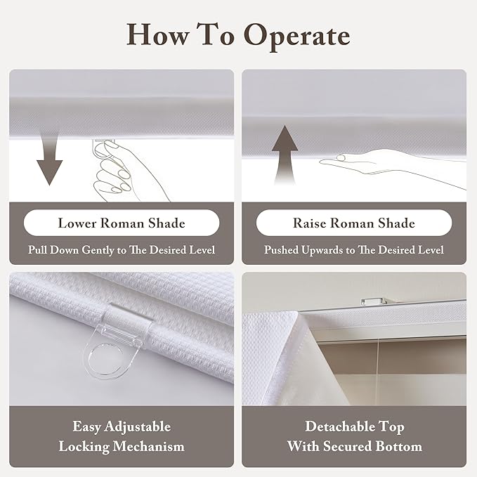 Madison Park Galen Matte White Cordless Roman Shades - Fabric Privacy Single Panel Darkening, Energy Efficient, Thermal Insulated Window Blind Treatment, for Home, Living Room Decor, 39" W x 64" H