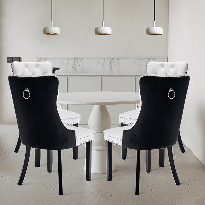 Leather Upholstered Dining Chairs Set of 4, Modern Style Kitchen Side Chairs with Nailhead Trim and Wood Leg, Metal Pulling Ring for Dining Room Living Room(Black&White,Set of)