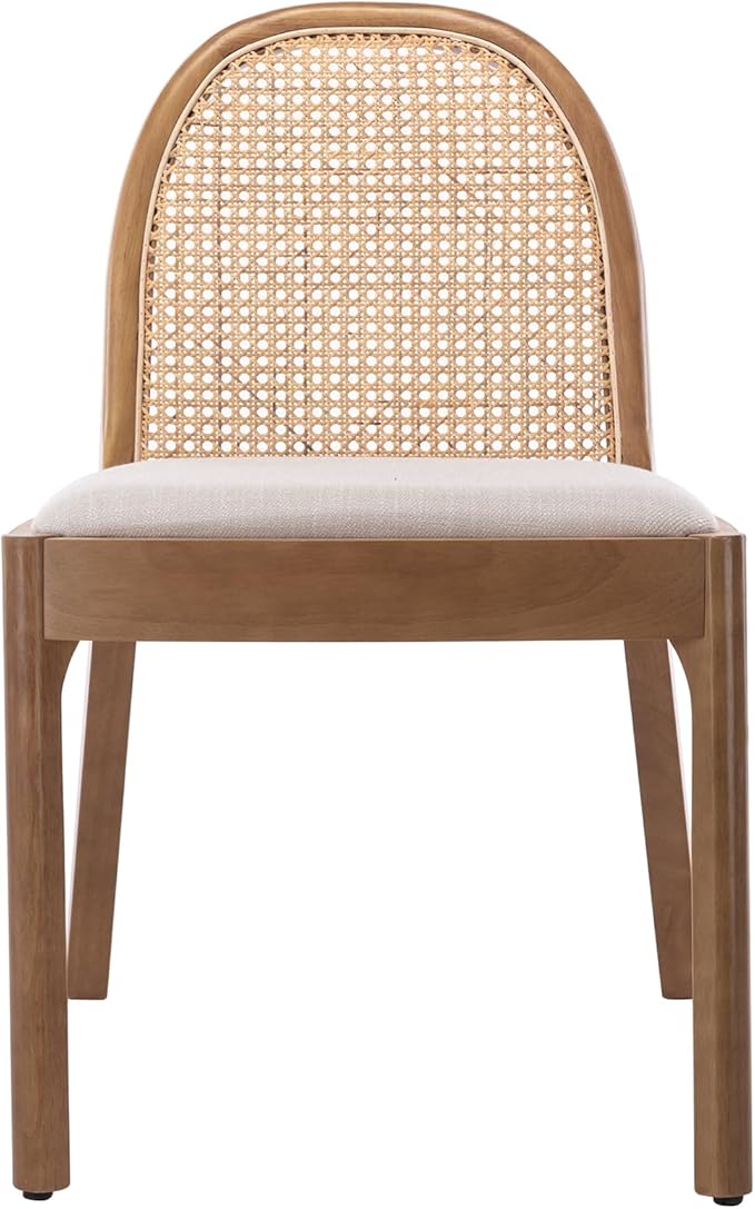 Upholstered Wooden Dining Chairs Set of 6, Farmhouse Kitchen & Dining Room Chairs with Cane Back, Accent Dining Table Chairs Beige Linen Seat for Kitchen/Restaurant/Living Room, Beige