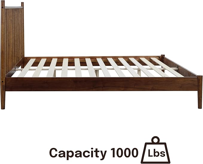 NTC Inno Wooden Bed Frame with Headboard, Solid Oak and Rubber Wood Foundation with Silent Slats and Wood Central Supports, 1000 Lb Capacity, Effortless Assembly, King - Dark Walnut