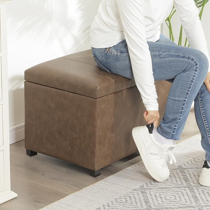 Asense Storage Ottoman Bench,Foot Stool Ottoman with Storage, Faux Leather Foot Rest Seat with Safety Hinge,Wood Legs Stool for Living Room, Bedroom,Enterway,Brown