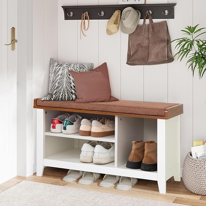 MFSTUDIO Shoe Storage Bench, White Shoe Entryway Bench with Seating Padded Cushion, Freestanding Shoe Rack Organizer for Entryway Hallway Living Room Bedroom, Brown Cushion