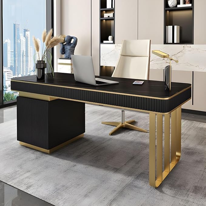 RUNNUP Stone top Computer Desk with 5 Drawers, Rectangular Home Computer Desk Writing Desk, Modern Executive Desk, Without Chairs, Black, 55" L x 23.5" W x 29.5" H