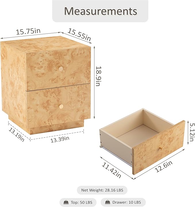 Modern 2 Drawer Nightstand with Elegant Burl Finish, Wood Bedside Table with Storage, Stylish Accent Side Table for Bedroom, Home Décor and Small Space Furniture