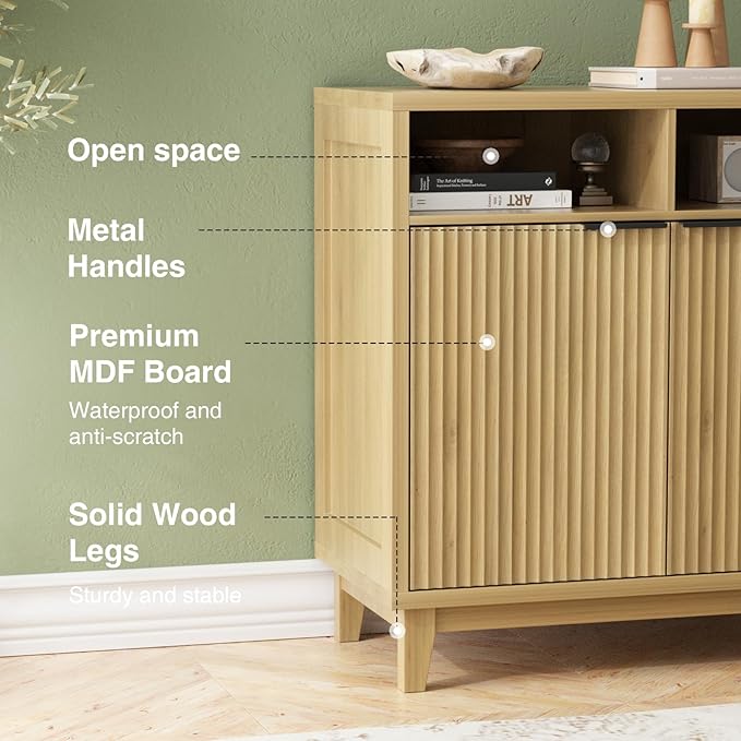 Buffet Cabinet with Storage - Elegant Fluted Storage Cabinet with Adjustable Shelves and Solid Wood Leg, Modern Buffet Sideboard for Living Room, Dining Room, Entryway