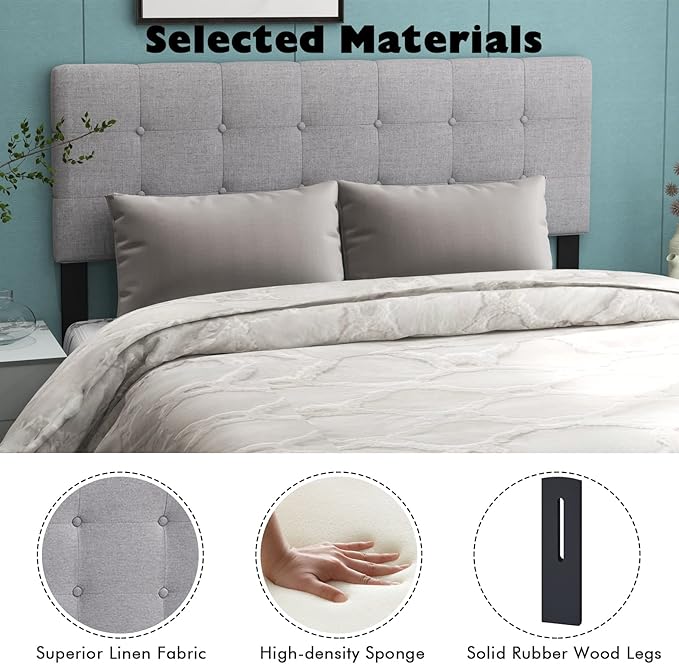 Giantex Linen Upholstered Headboard, Adjustable Width Button Tufted Headboard Only with Solid Wood Legs, Attach Frame, Rectangular Headboard for Queen Full Size Bed, Gray