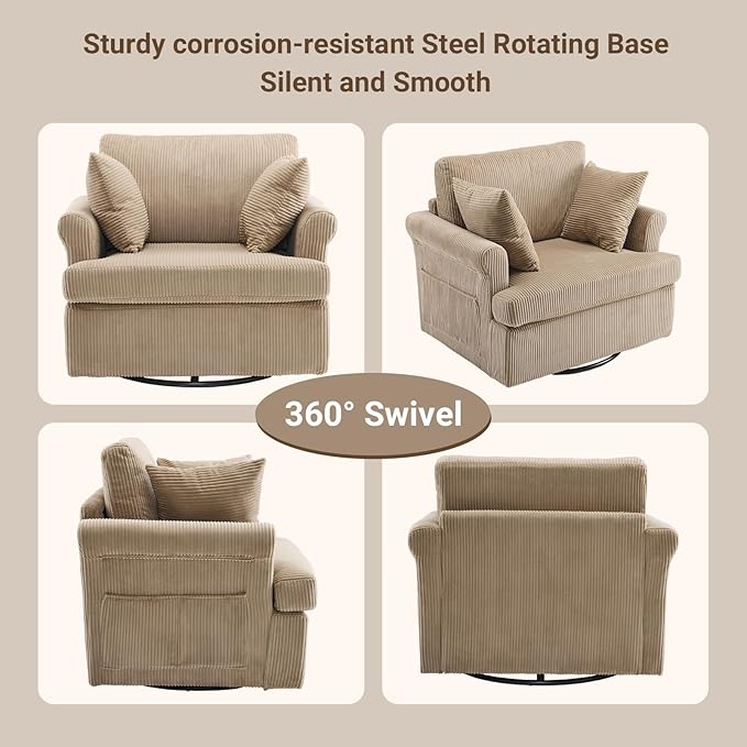 Karl home 39" Swivel Accent Chair,Oversized Seat Armchair W/2 Pillows and 4 Pockets,Modern Upholstered Corduroy Barrel Chairs,Comfy Single Sofa for Living Room,Reading,Bedroom and Office-Khaki