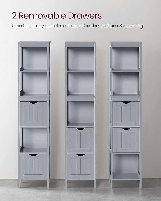 VASAGLE Bathroom Floor Cabinet, Bathroom Storage Organizer Rack Stand, Multifunctional Corner Unit, 2 Drawers, 55.7 Inches in Height, Dove Grey UBBC066G02