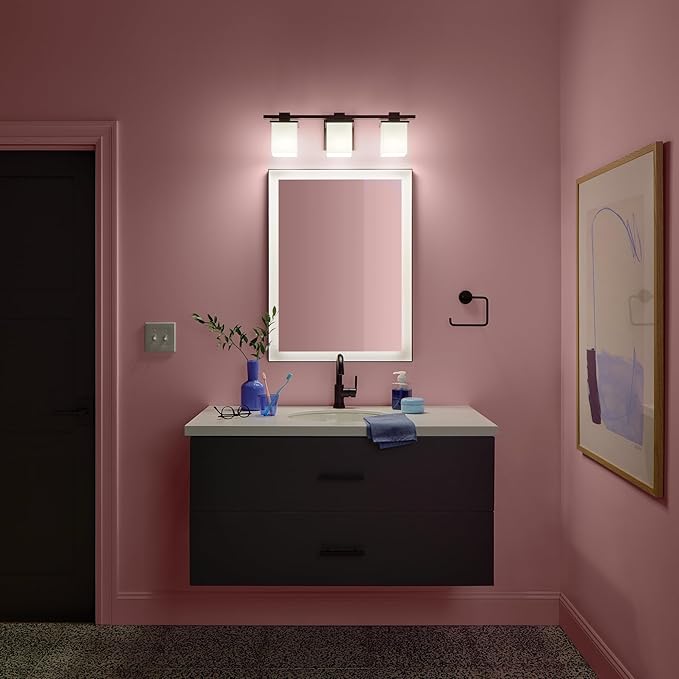 KICHLER Tully 24" 3-Light Vanity Light with Satin Etched Cased Opal Glass in Black for Over a Vanity, Soft Modern Style, (24" x 6.5" x 7"), 45151BK