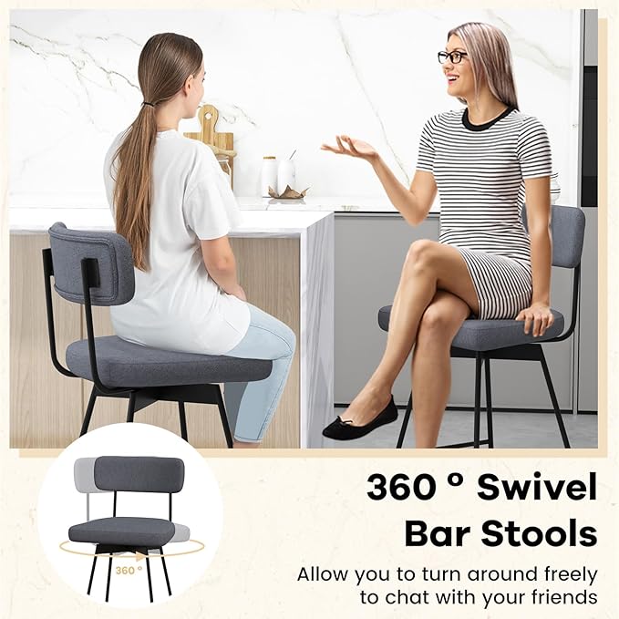 COSTWAY Bar Stools Set of 4, 25” Upholstered Counter Height Bar Stools with Back, 360° Swivel Dining Chairs with Heavy-Duty Metal Legs and Footrests, for Kitchen Island, Dining Room, Bar (4, Grey)