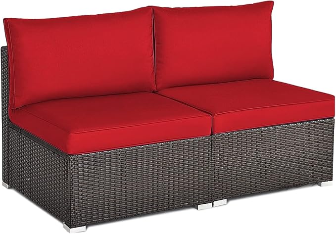 COSTWAY 2PCS PE Rattan Armless Sofa, Wicker Patio Conversation Set Chairs with Soft Cushion, Outdoor Sectional Furniture for Yard, Poolside (Red)