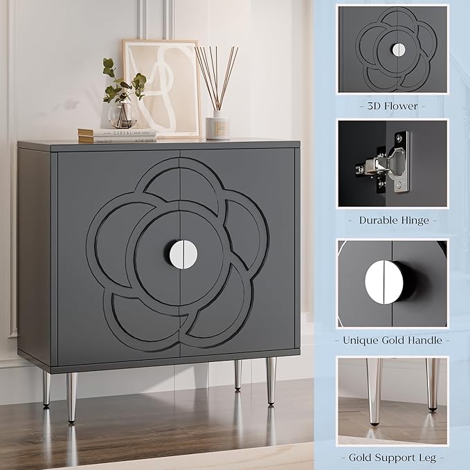 TOLEAD Storage Cabinet, Modern Sideboard Buffet Cabinet with Decorative Flower Pattern Doors, Accent Sideboard Cabinet for Living Room, Kitchen, Grey