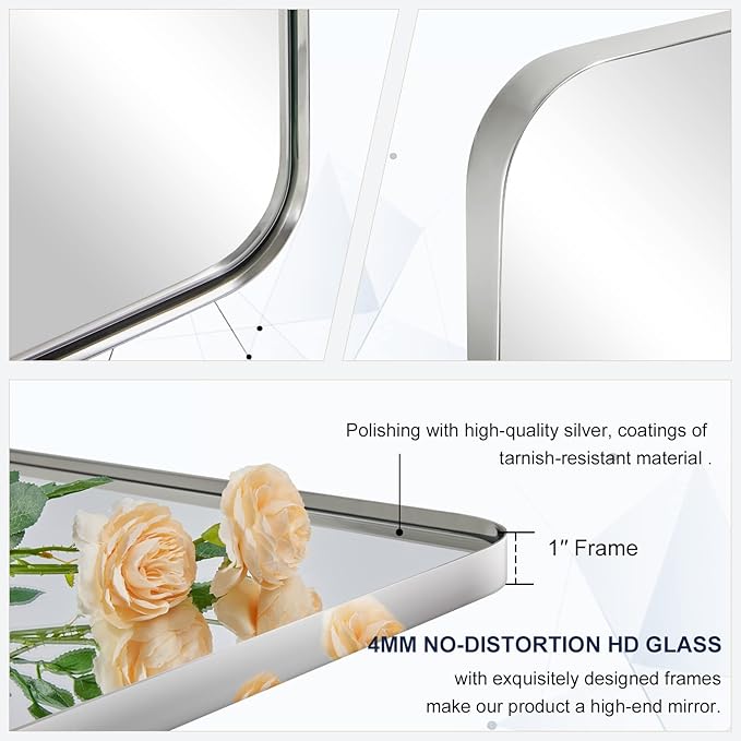 ANDY STAR Chrome Mirror for Bathroom, 24"x36" Metal Frame Wall Mirror with Rounded Corner, Modern Rectangle Bathroom Vanity Mirror with Polish Finish