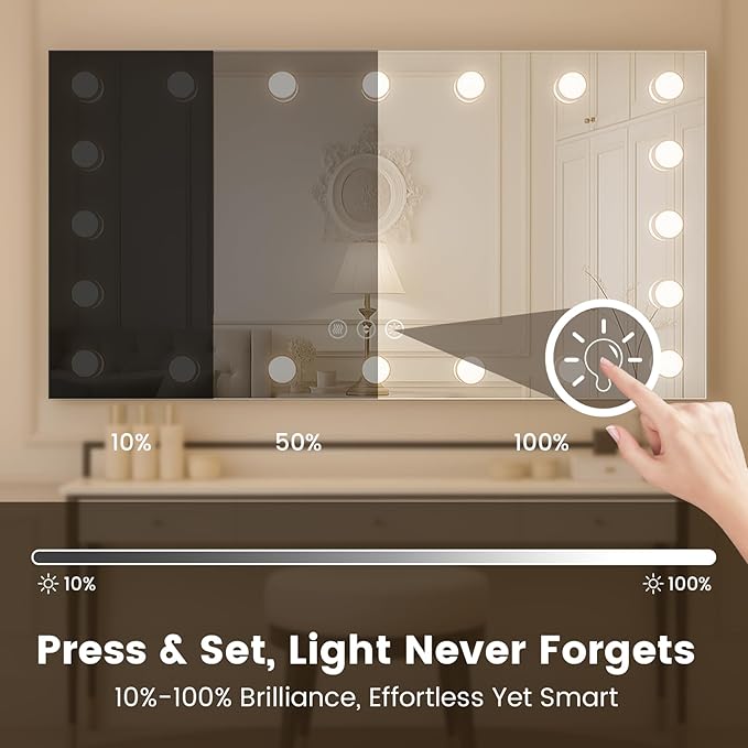 WTTY LED Bathroom Mirror with Lights 48"x32" Hollywood Wall-Mounted Mirror with 3 Color Temperatures, Stepless Dimmable Bulbs, Anti-Fog & Shatter-Proof