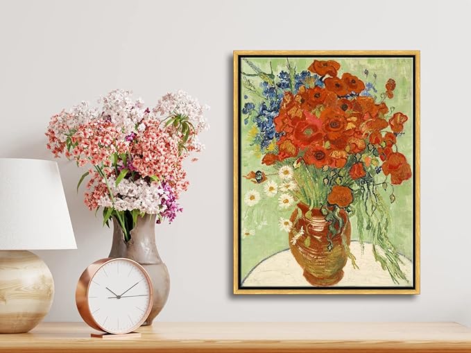 Wieco Art Framed Wall Art of Red Poppies and Daisies by Vincent Van Gogh Paintings Reproduction Abstract Canvas Prints for Home Living Room Decorations Bronze Gold Frame
