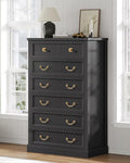 AOGLLATI Farmhouse Dresser with 6 Drawers, 51.2”Tall Wooden Chest of Drawers with Natural Texture, Vintage Design, Black Dresser for Bedroom, Black