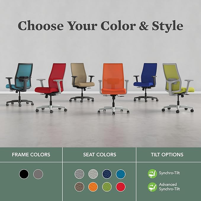 HON Ignition 2.0 Mid Back Task Chair, Spectrum Mesh, Standard Synchro-Tilt Control, Office Chair with Lumbar Support, Height and Width Adjustable Arms, Black Frame, Leaf